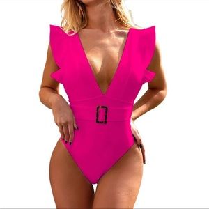 Barbiecore Avanova Women’s One Piece Swimsuit Ruffle Deep V Neck Belt Hot Pink